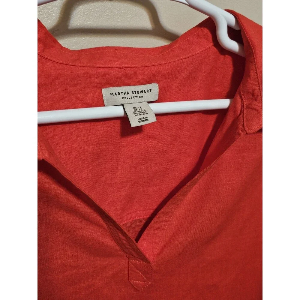 Martha Stewart Collection Linen Blend Short Sleeve Womens Blouse Coral Red  2X